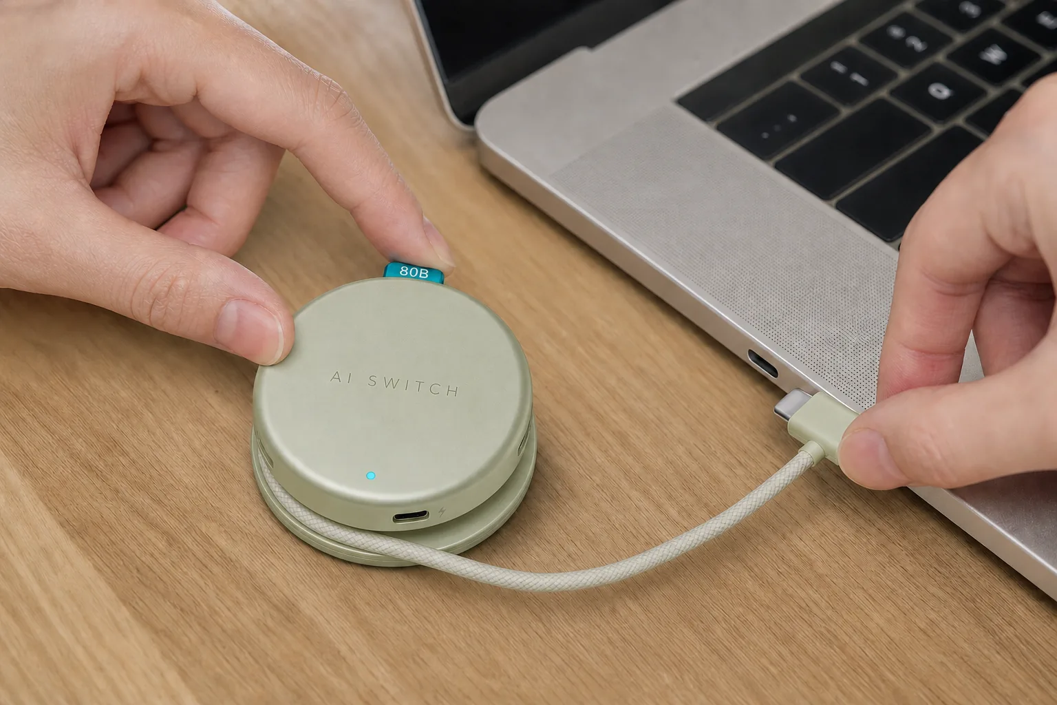 AI SWITCH Core connected to a laptop using its integrated cable