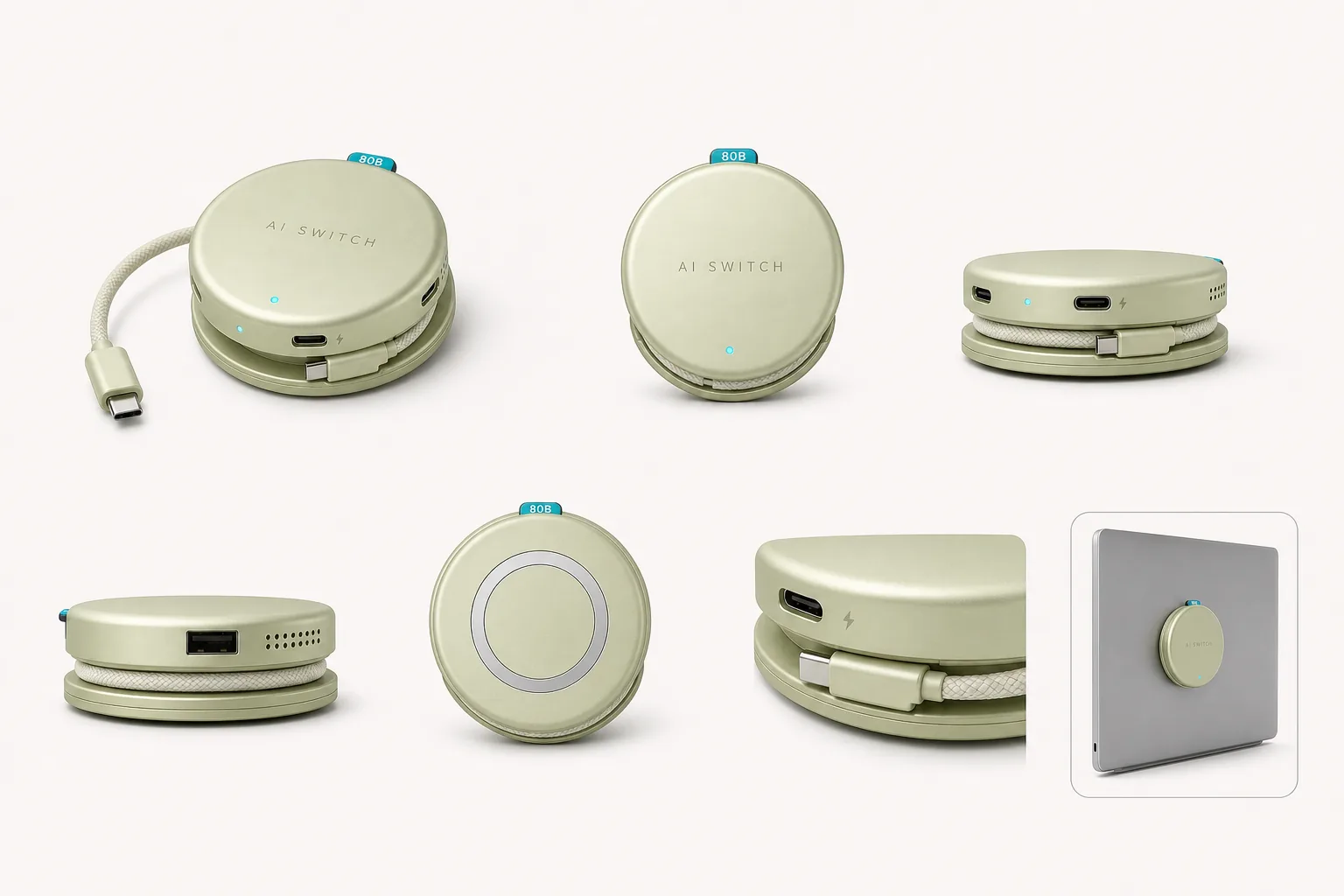 Multiple views of the AI SWITCH Core, including its integrated cable, ports, vents, and magnetic base