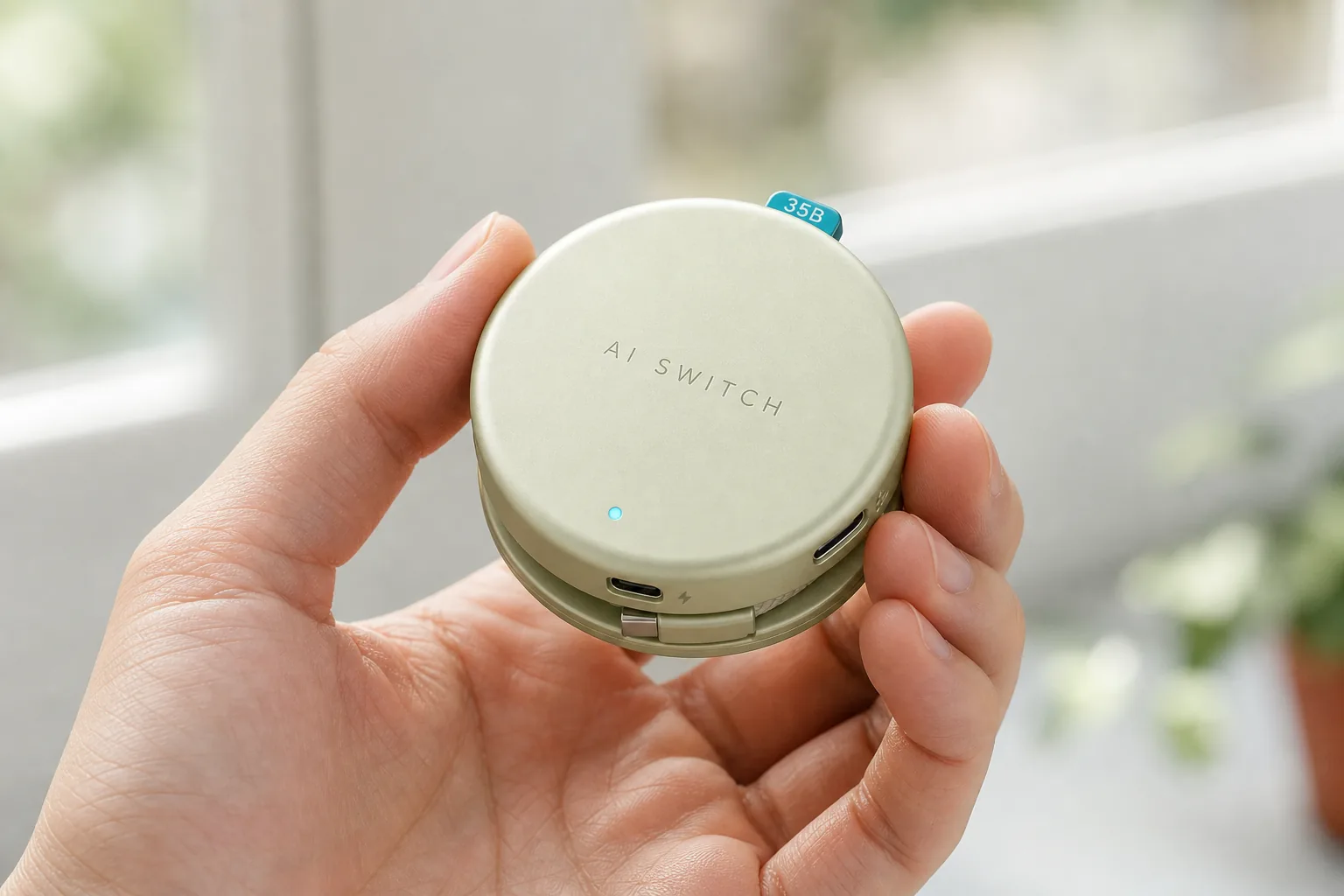 AI SWITCH Core held in one hand, showing its compact circular design